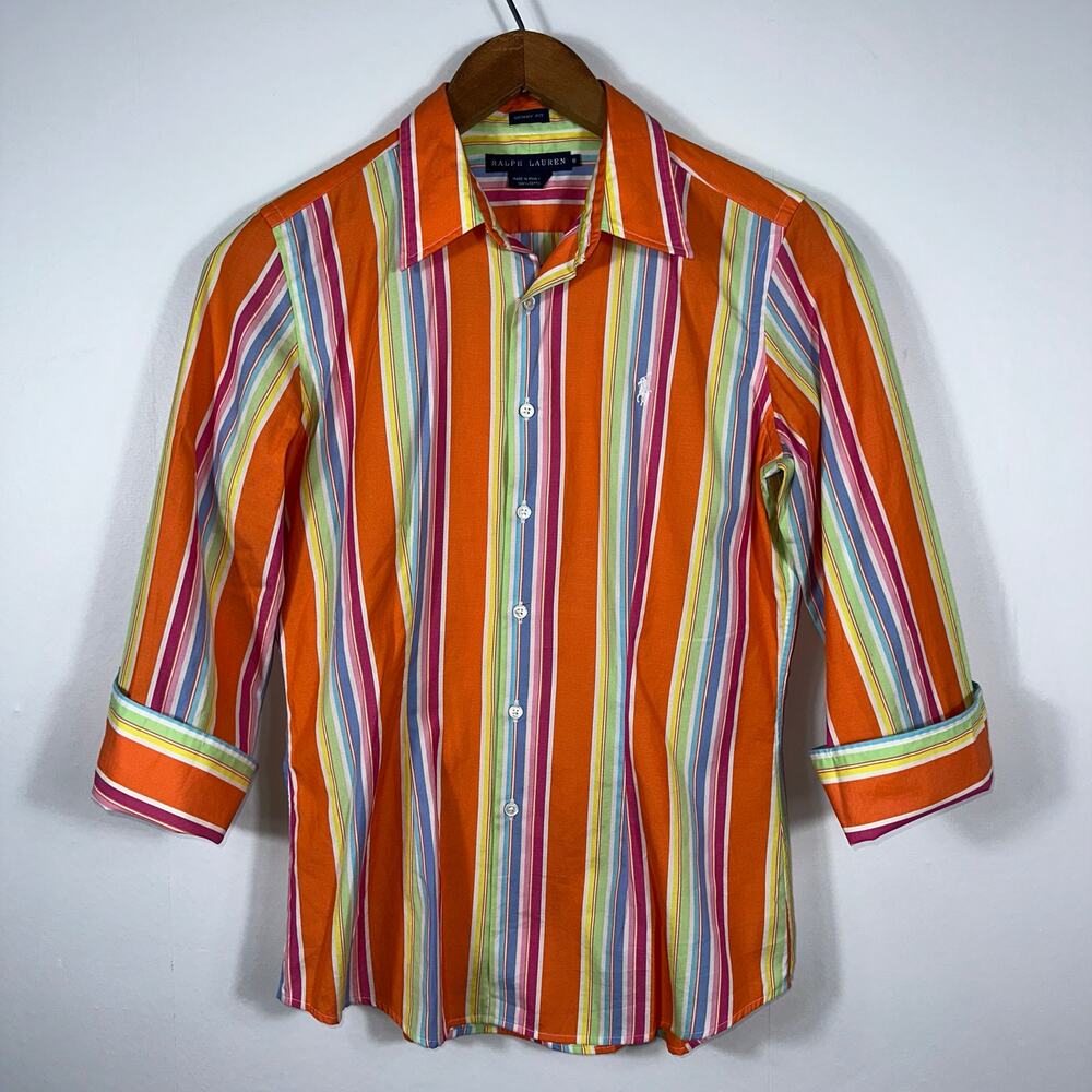 Ralph Lauren Skinny Fit Stripe Button Down Shirt Womens 8 Orange Multicolor